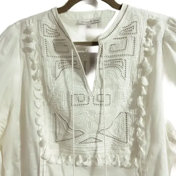 See and Be Seen Cotton Blouse White Size Large Silver Embroidery Poms NWT - Picture 4 of 9